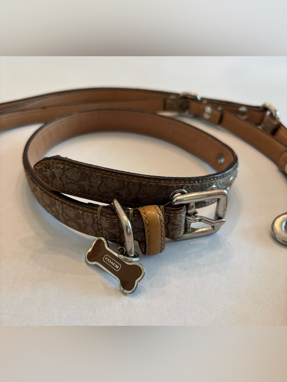 COACH Brown Signature Canvas and Leather Dog Leash and Collar Size Medium